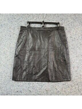 Ann Taylor Black Leather Skirt 14 Vintage 90s Knee Length Zip Pencil Made in USA